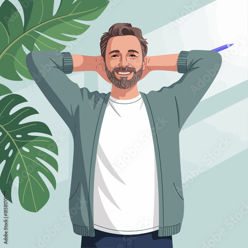 This cheerful illustration features a man in a casual outfit, relaxing with arms behind his head, embodying a sense of contentment and ease in a modern workspace environment.
