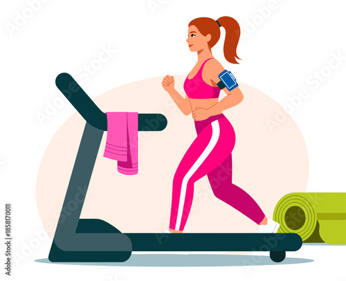 A strong and determined woman jogging on a treadmill, showcasing commitment to fitness and health, representing an active lifestyle and motivation towards well-being.