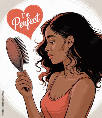 A confident woman admires herself while brushing her hair, embodying self-love and empowerment, highlighting the importance of self-care and personal style.