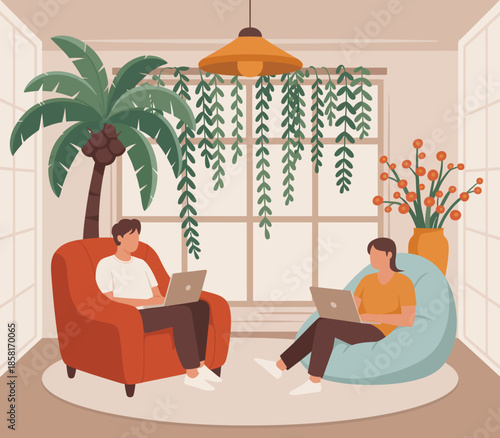 A warm and inviting living room setting where two individuals are focused on their laptops, showcasing productivity, comfort, and modern lifestyle choices in a serene atmosphere.