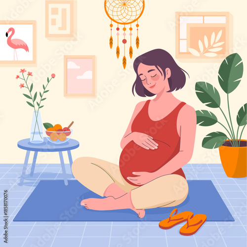 This serene illustration portrays a pregnant woman in a calming home atmosphere, reflecting tranquility, anticipation, and the beauty of motherhood in a peaceful setting.