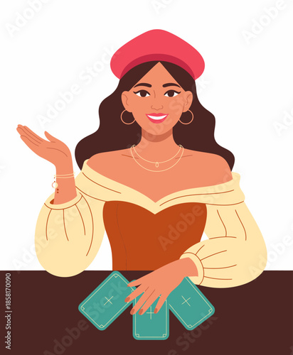 A vibrant illustration of a confident woman engaging in tarot reading, showcasing mystical elements and a sense of empowerment through her accessories and facial expression.