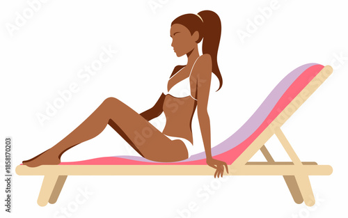 A relaxed woman enjoying sunbathing in a stylish bikini on a lounge chair, capturing the essence of leisure and self-care against a bright, sunny backdrop.