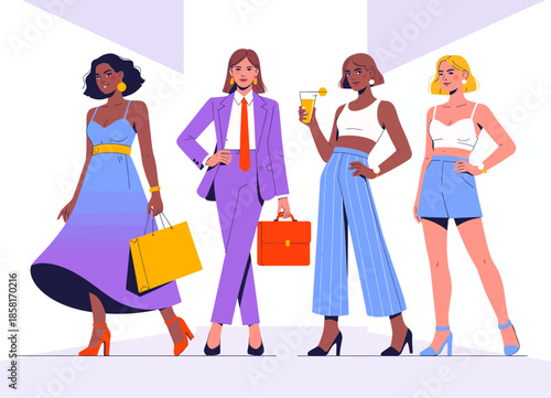 A captivating illustration featuring four fashionable women in stylish outfits, embodying modern fashion trends and individuality in a vibrant setting.