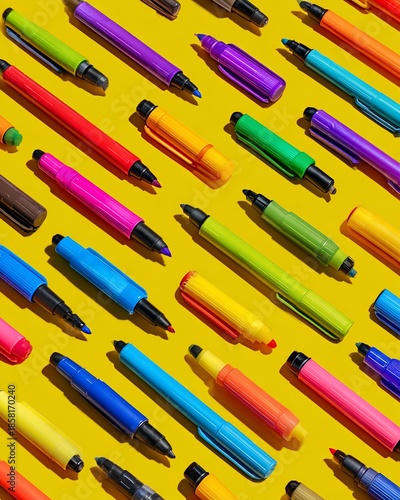 Vibrant Colorful Markers and Felt Tip Pens Pattern on Bright Yellow Background, Creative Art Supplies