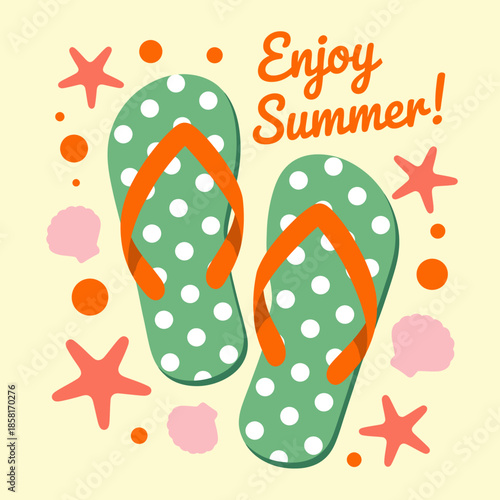 This cheerful image showcases a pair of vibrant flip-flops surrounded by seashells and starfish, capturing the essence of summer holidays and beach relaxation.