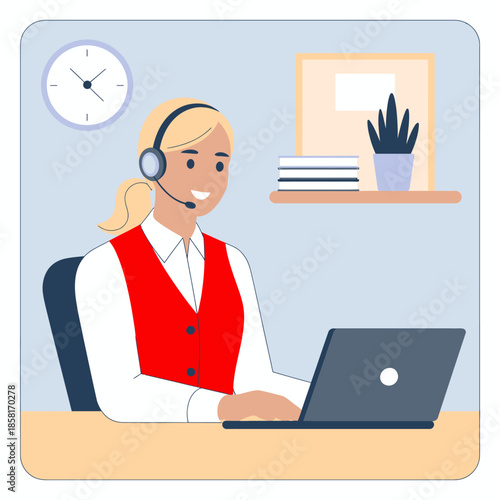 A friendly customer service representative wearing a headset and smiling while working on a laptop, exemplifying professionalism and positivity in customer interactions.