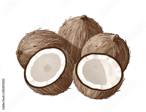 Brown Coconut Illustration with Cut Halves