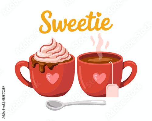 An adorable set of coffee and dessert cups adorned with hearts, reflecting a sweet theme of affection and comfort, presented in a cheerful and friendly artistic style.