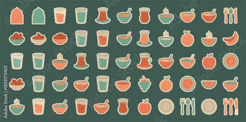 Flat Design Vector Icon Set of Ramadan Iftar Food, Drinks, Dates, and Fruits for Sticker Packs or Menus.