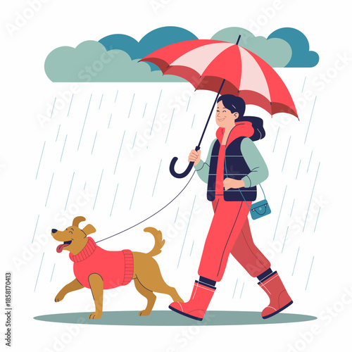 A cheerful woman walks her dog in the rain, both dressed comfortably for the weather. She holds a large umbrella, showcasing a bright, lively atmosphere despite the rain.