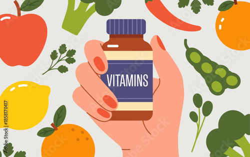 This colorful illustration depicts a hand holding a vitamin supplement bottle surrounded by various fresh fruits and vegetables, emphasizing the importance of nutrition in daily health.