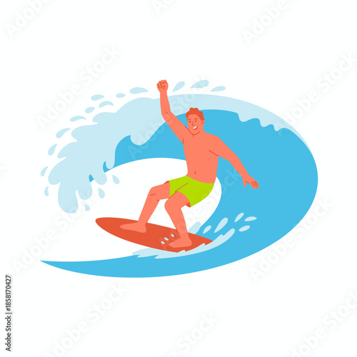 A dynamic illustration of a surfer riding a big wave, showcasing skill and excitement, capturing the essence of thrill and adventure associated with ocean sports.