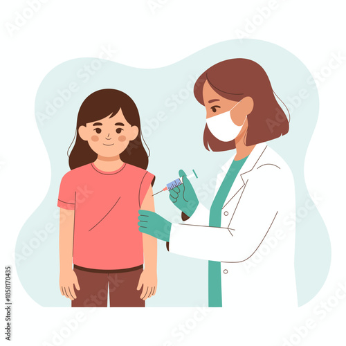 This informative illustration depicts a healthcare professional giving a vaccination to a child, promoting health, safety, and the importance of immunization in modern society.