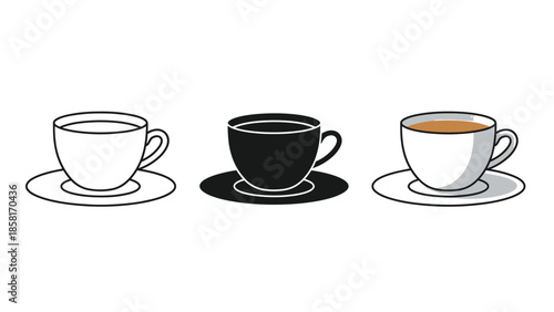 Set of three coffee cups and saucers in different styles outline, solid black, and filled with coffee