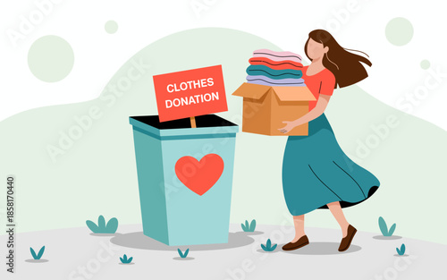 A woman is seen happily donating clothes into a donation bin, promoting the importance of giving back to the community and helping those in need through charitable actions.