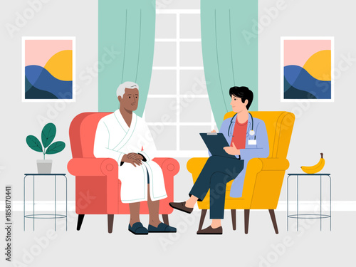A modern therapy session featuring a therapist and a patient, conveying calmness and emotional support in a serene environment, showcasing connection and care.