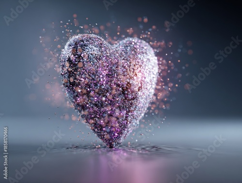 Sparkling Glitter Heart Bursting with Purple and Pink Particles on Reflective Surface