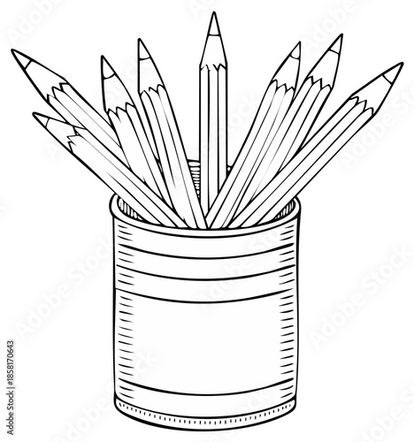 Pencils in a cylindrical holder cartoon style illustration