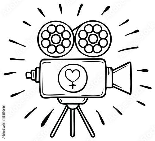 Retro film camera with Venus symbol and heart for cinema and women filmmakers in black and white line art