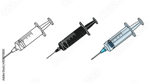 Set of three syringes in different styles outline, solid black and colored illustration