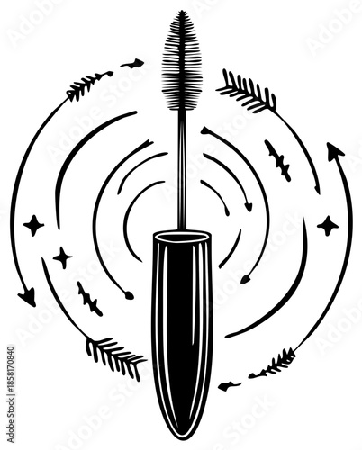Artistic illustration of a mascara wand and tube with swirling arrows and starbursts