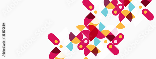 Abstract geometric shapes, vibrant colors, modern design. Background is white, composition feels playful, dynamic.