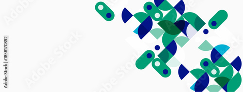 Abstract geometric shapes, green and blue hues, white background. Minimalist design, modern aesthetic, scattered pattern.