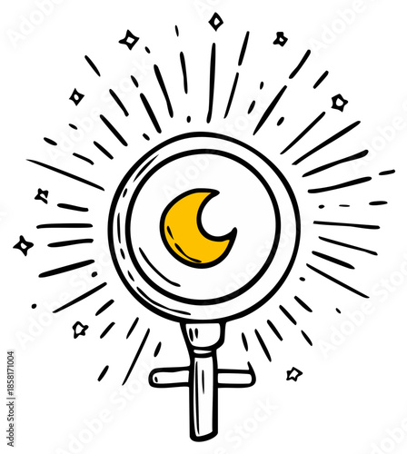 Mystical Crescent Moon Symbol with Radiant Energy and Stars