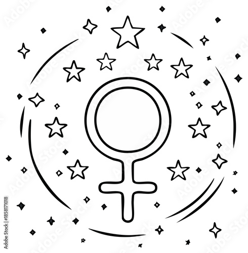 Gender symbol surrounded by stars, representing the feminine, astrology, and celestial themes