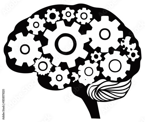 Conceptual illustration of human brain with cogs and gears representing thought processes and cognitive function in black and white