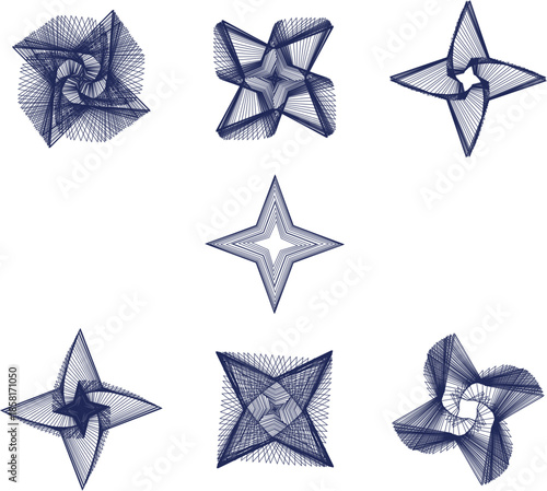 A collection of stylized star illustrations in various designs and shading techniques