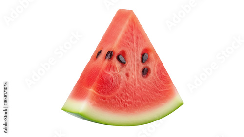 Juicy watermelon slice isolated PNG, refreshing summer fruit with red flesh and black seeds on transparent background, healthy snack