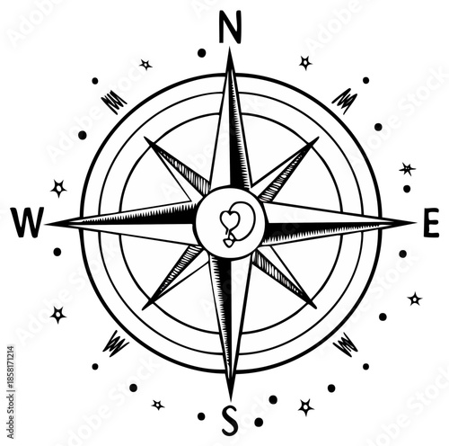 Black and white hand drawn compass with star details for navigation and direction