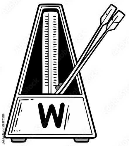 Stylized musical metronome illustration with drumsticks hitting tempo rhythm and a W
