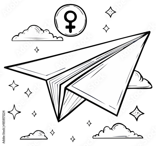 Paper airplane soars through the sky surrounded by celestial stars and clouds, with a symbolic Venus icon above, monochrome illustration.