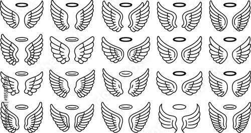 Angel wings and halo line art icon set, heavenly spiritual symbols