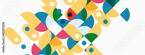 Abstract geometric shapes overlap, creating colorful pattern. Circles, semicircles, rectangles form dynamic composition. Bright hues dominate design.