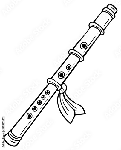 Cartoon drawing of a musical wind instrument, the flute, with a ribbon