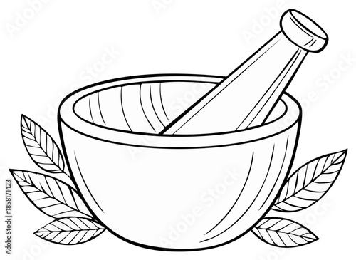 Illustration of a mortar and pestle with leaves, for apothecary or healthcare themes.