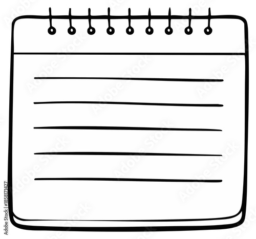 Notebook doodle with blank lined pages and wire-bound spine in black and white.