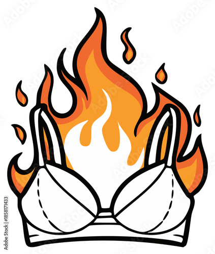 White Bra Ignited with Fiery Flames and Sparks in Illustration Style