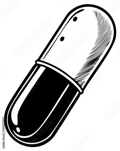 Engraved Pill Illustration: Black and White Medical Capsule Artwork
