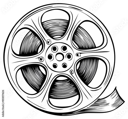 Retro Film Reel Illustration Cinema Projection Media Entertainment Woodcut Style