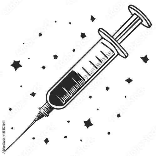Illustrated Injection Syringe with Plunger and Needle Surrounded by Geometric Shapes