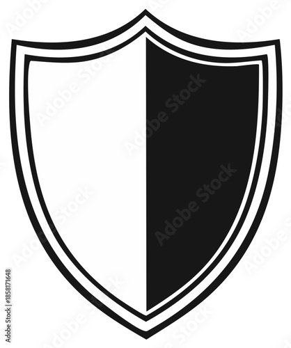 Symmetrical shield design displaying half in white and half in black, bordered with thin double line, evoking heraldry.