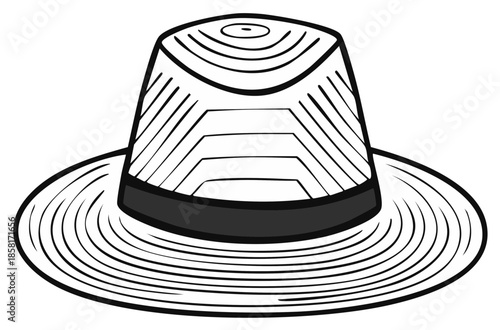 Monochrome vector outline illustration of a classic woven summer sun hat with a hatband