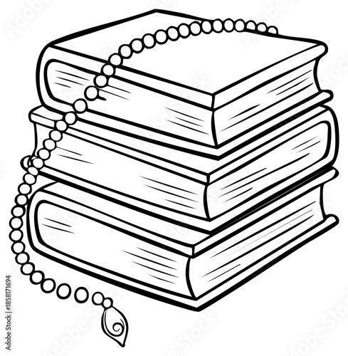 Stack of Books Outlined with Prayer Beads Decorative Education Wisdom and Knowledge Symbol for Learning Illustration
