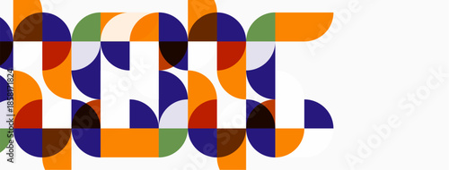 Abstract geometric design. Circles, squares overlap creating colorful pattern. Modern aesthetic, vibrant hues dominate composition.