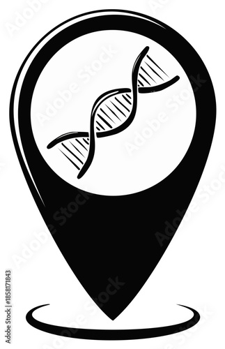 DNA double helix symbol within location pin, concept of genetics mapping, biotechnology.